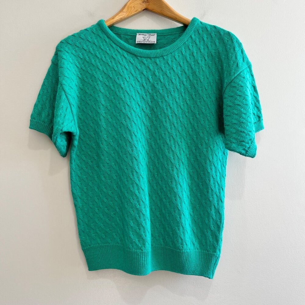 VTG 80s College Point Basketweave Sweater Womens L Green Short Sleeve Cottage